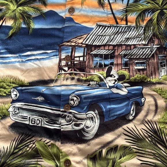 Big Dogs Shirt Mens 2X Blue Hawaiian Car Beach Palm Tree Camp Hot Rod Vintage - Picture 4 of 12
